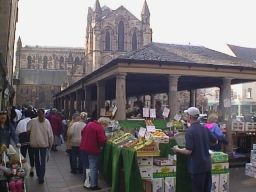 Hexham abbey with the Shambles in the foreground
